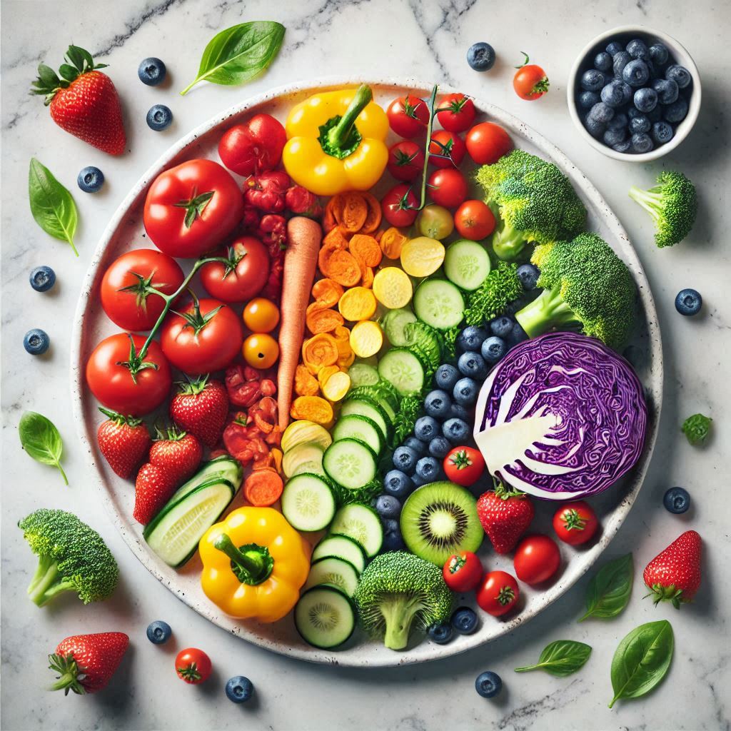 Colorful plate featuring fruits and vegetables of all colors. Family health 